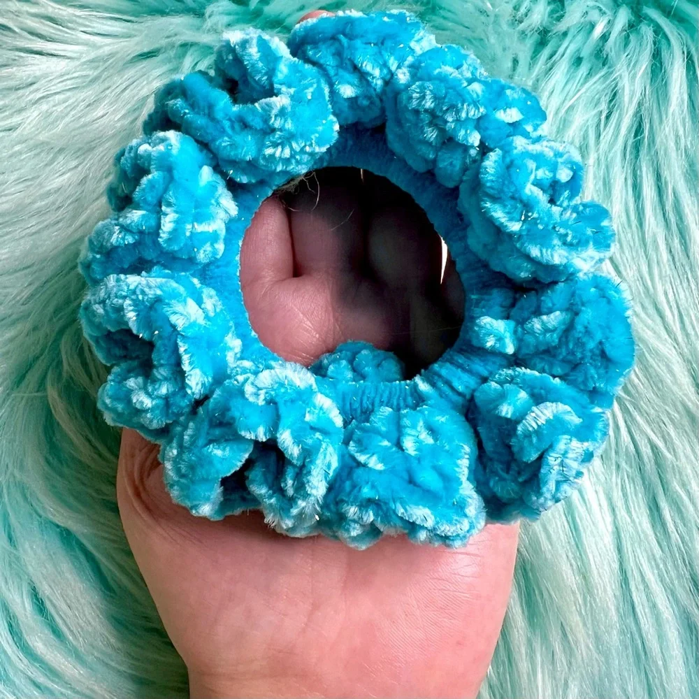 Handmade VELVET Ice Blue Crochet Scrunchie Sparkle Large Hair Tie PinkRainCloud